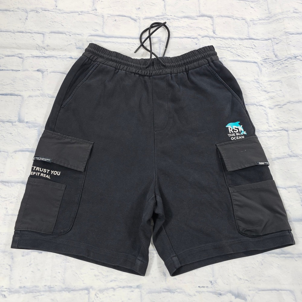Reshake Cargo Shorts Mens S Black RSK The Blue Ocean Graphic Streetwear Utility
